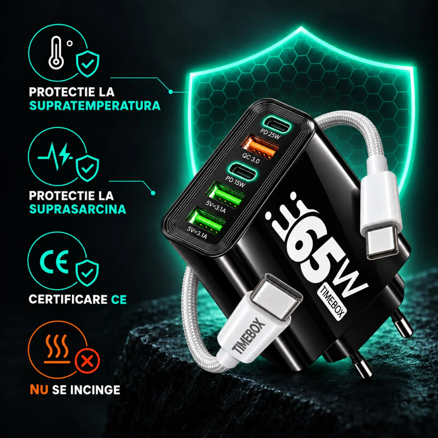 Timebox Incarcator priza 65W 5 porturi negru fast charge