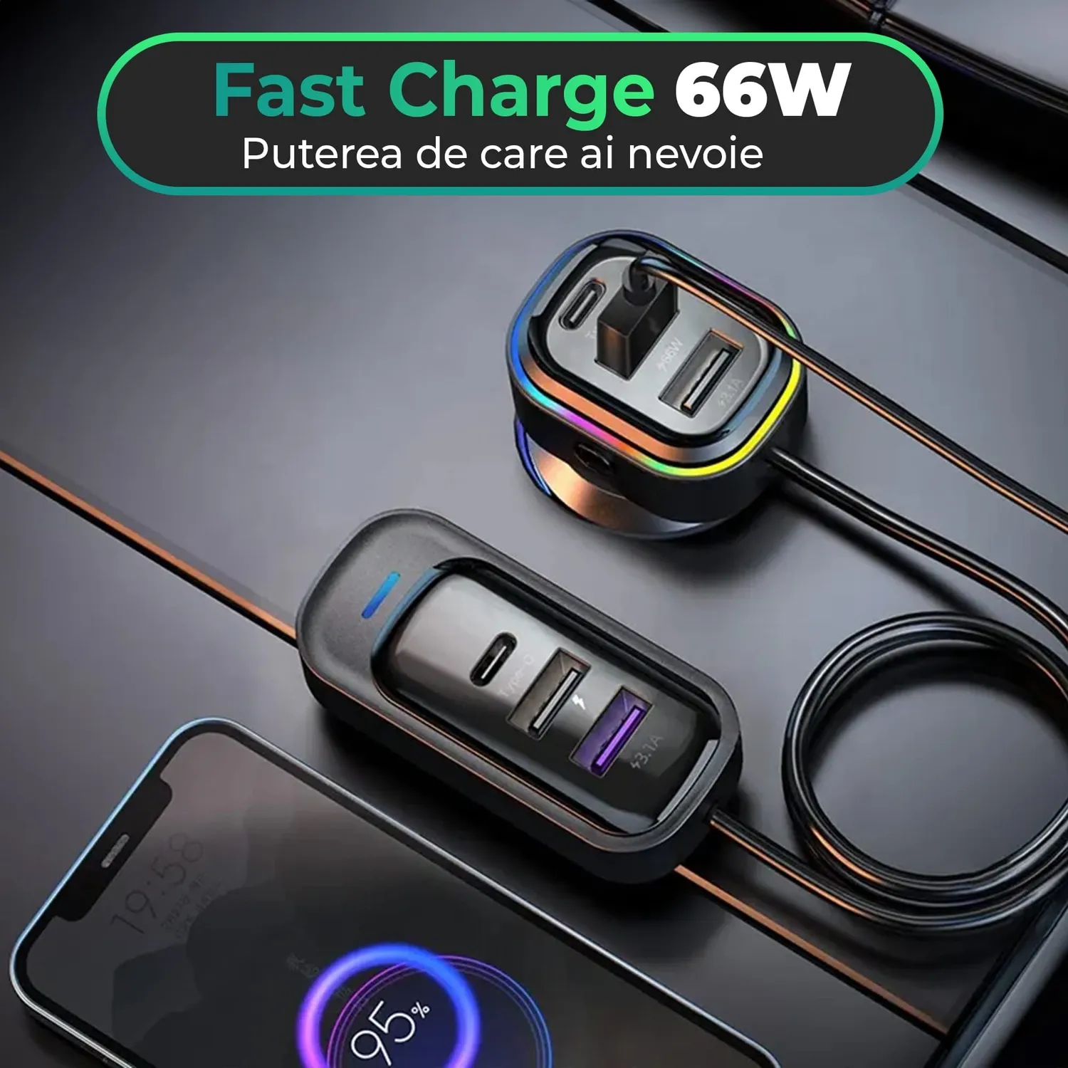 Timebox 66W încărcător auto 6 în 1 USB-C negru