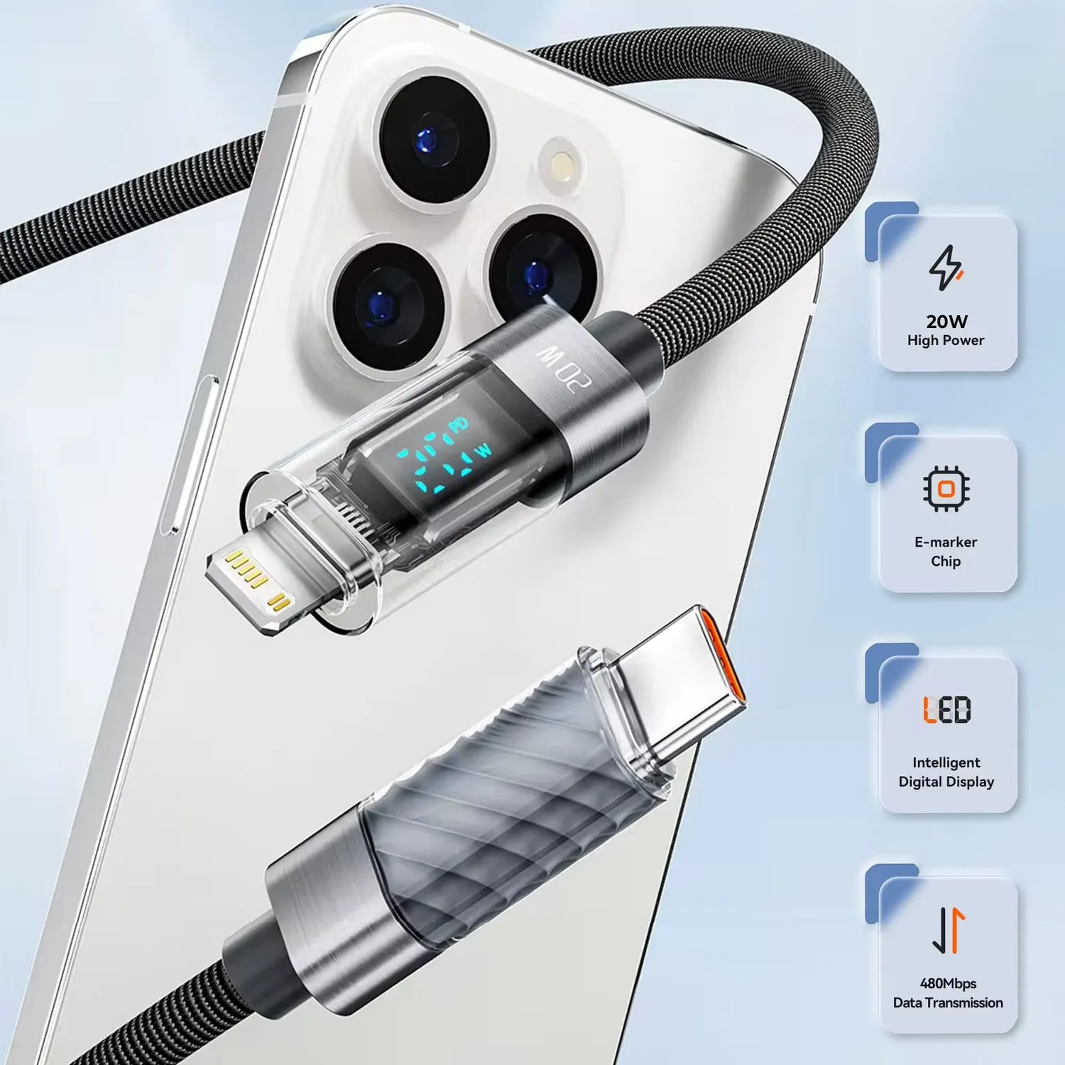 Timebox Cablu USB-C la Lightning 20W 2m gri nylon