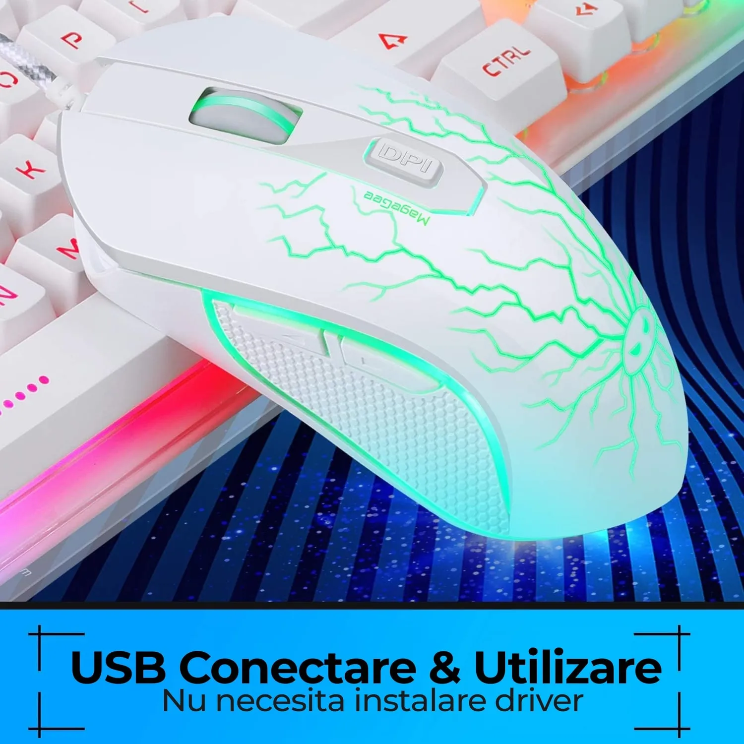Timebox kit tastatura mouse gaming RGB alb 104 taste
