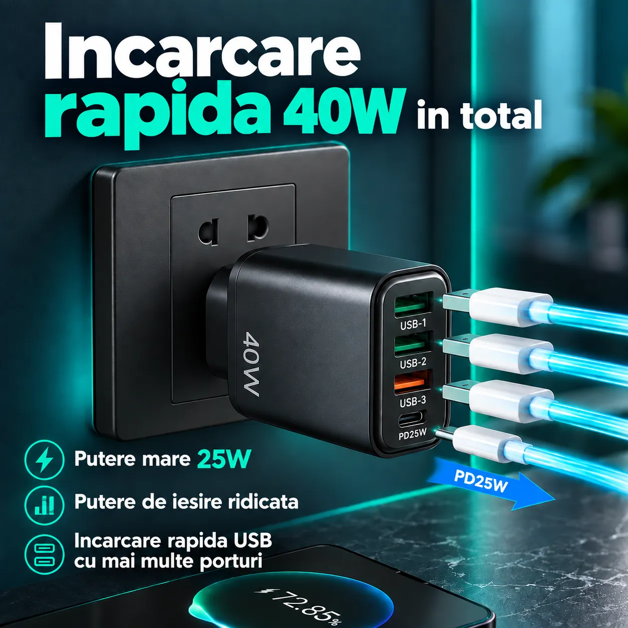 Timebox Incarcator Retea 4 Porturi 40W Negru