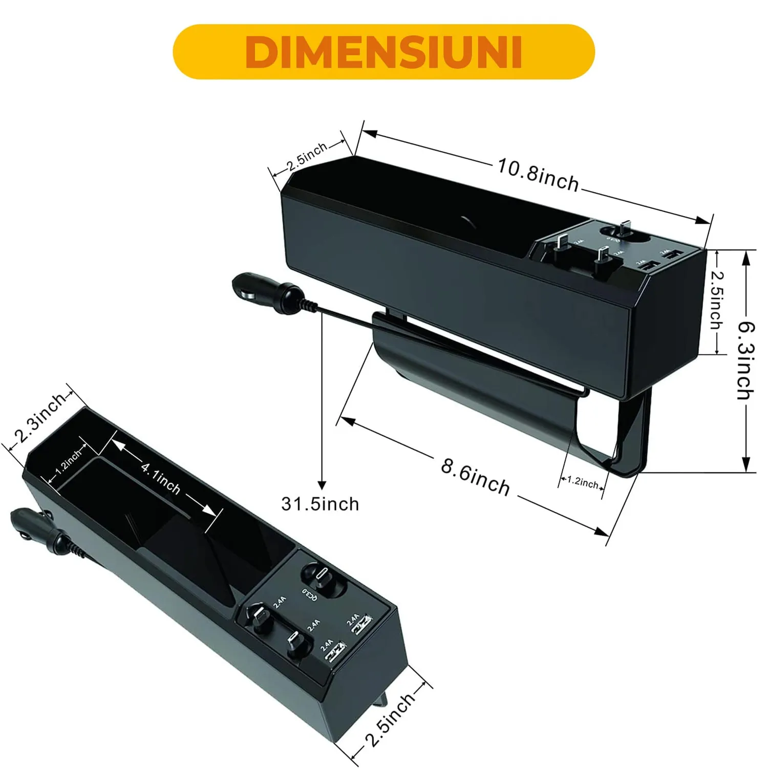Timebox organizator auto USB-C Lightning Micro-USB negru
