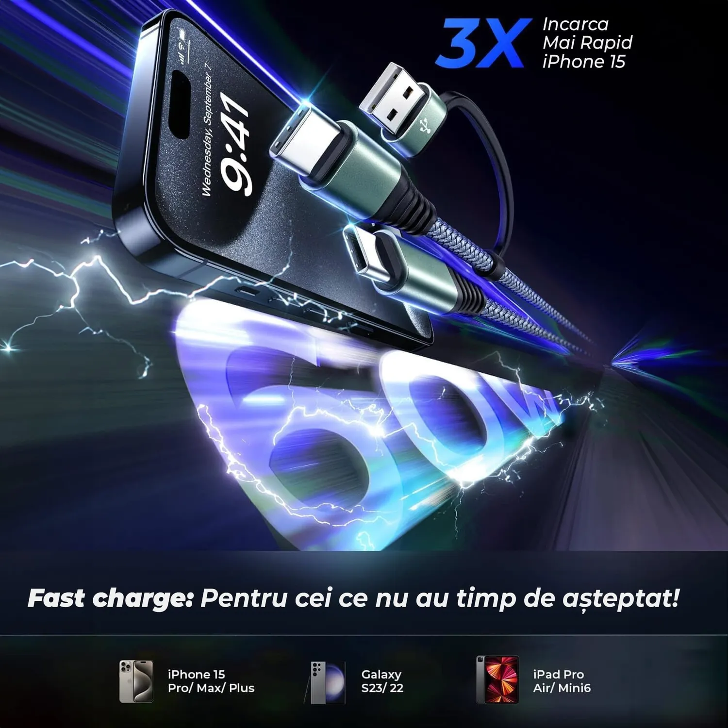 Cablu incarcare Timebox Fast Charge 65W USB-C 3m negru