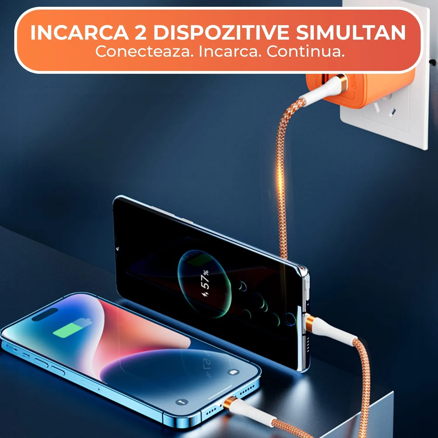 Timebox cablu 2in1 65W USB-C Lightning 1,5m portocaliu