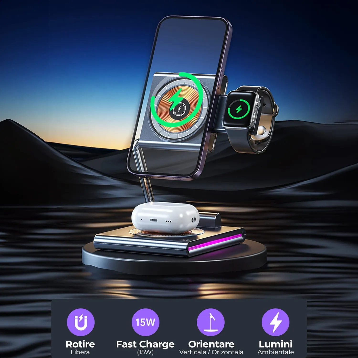 Timebox 15W statie wireless 3 in 1 pliabila gri RGB