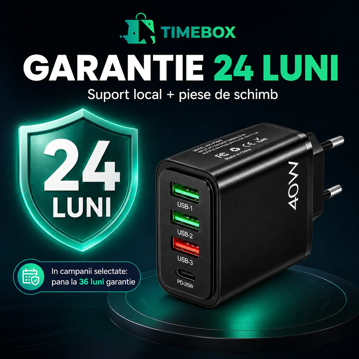 Timebox Incarcator Retea 4 Porturi 40W Negru