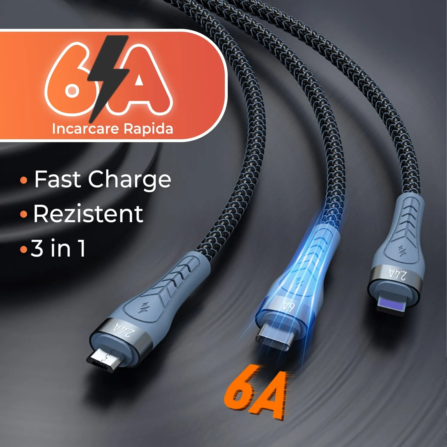 Timebox 3 in 1 cablu nailon 1,3m albastru Fast Charge