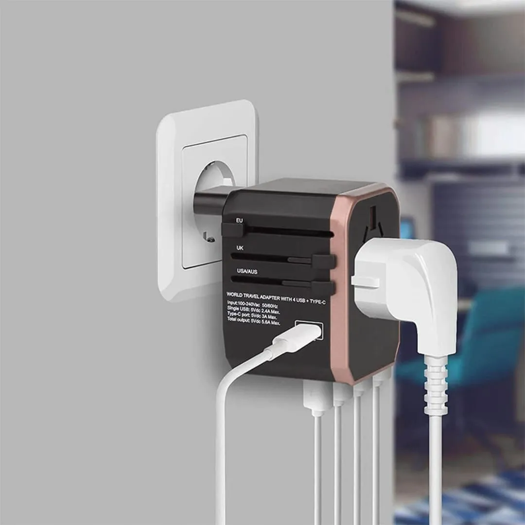 Timebox adaptor priza universal 4 USB + Type-C rose gold
