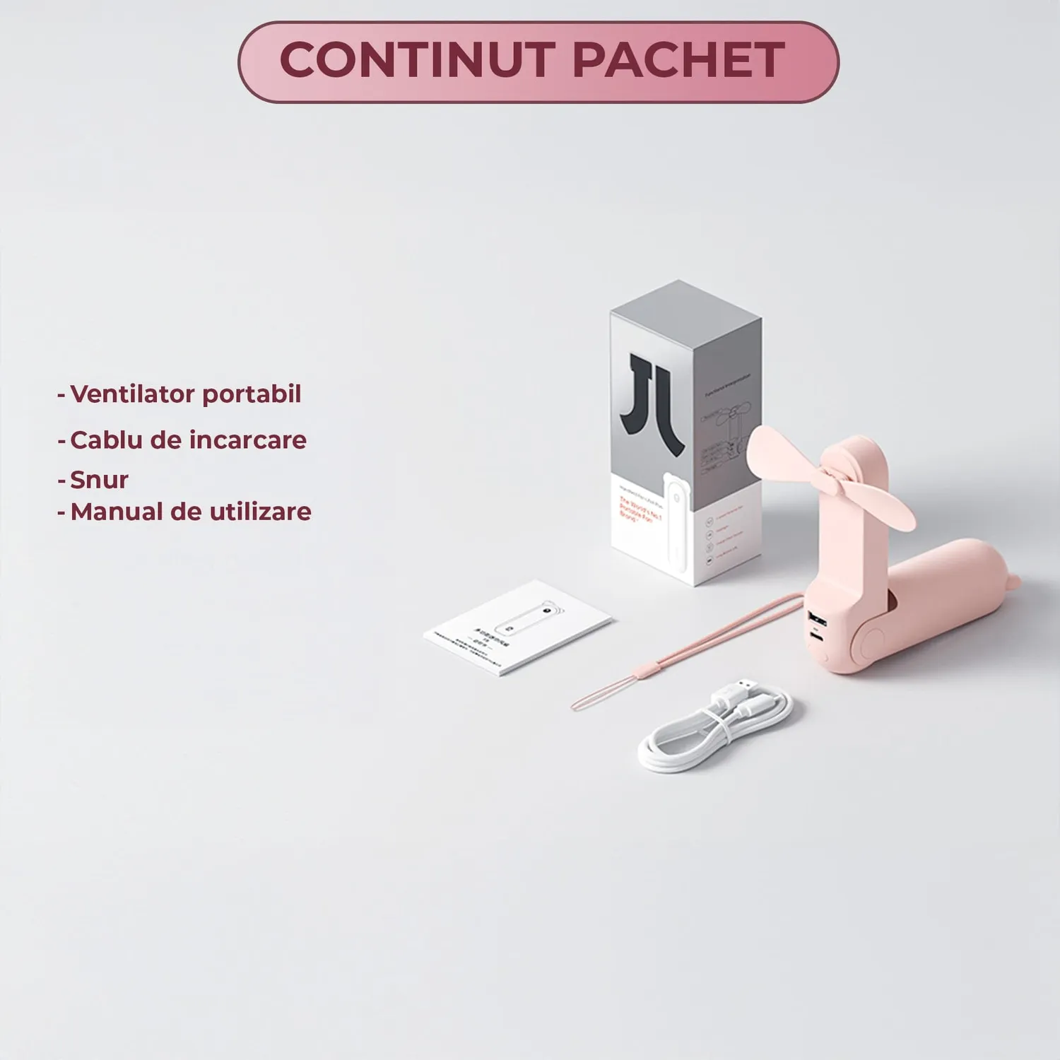 Timebox Mini Ventilator Portabil 3 în 1 USB Roz