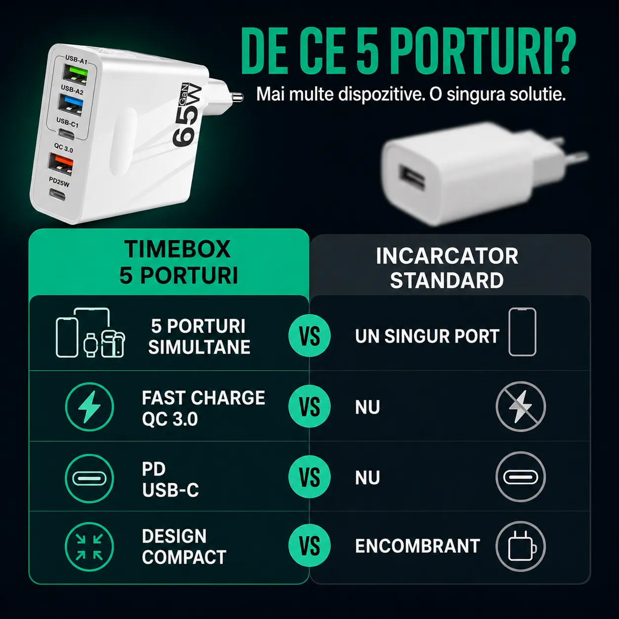 Timebox 65W incarcator retea 5 porturi alb QC3