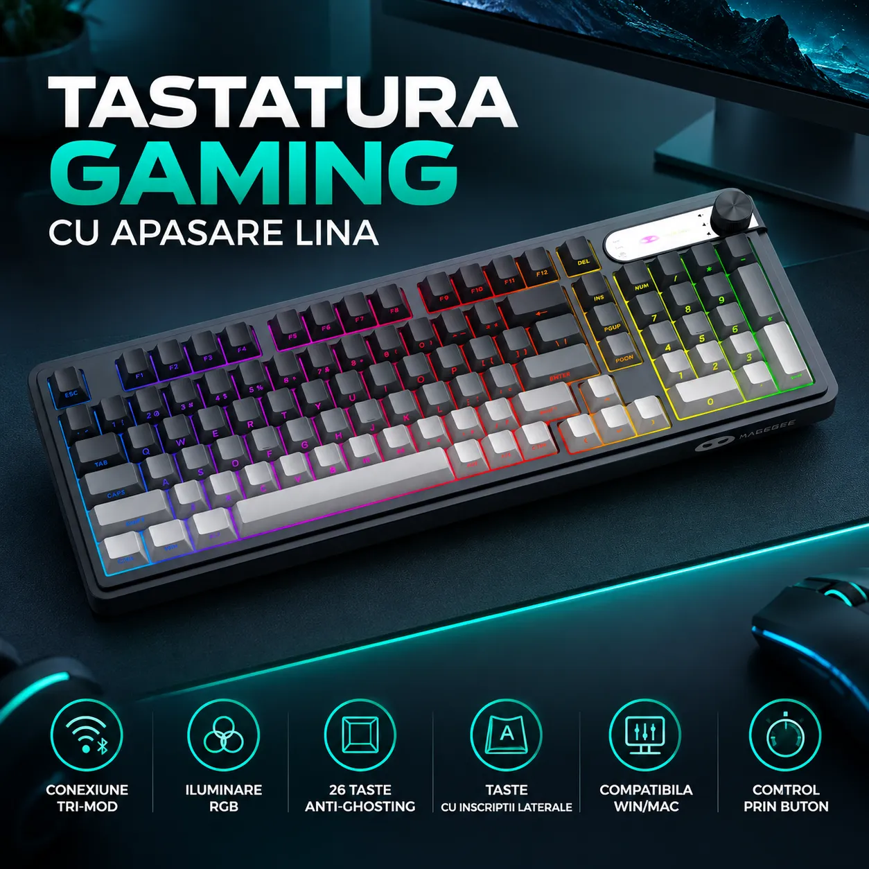 Timebox 98% Tastatură wireless tri-mode negru RGB knob