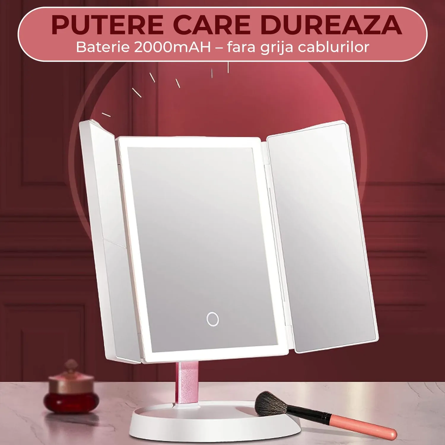 Timebox Trifold oglinda cosmetica LED pliabila 1X/2X/3X