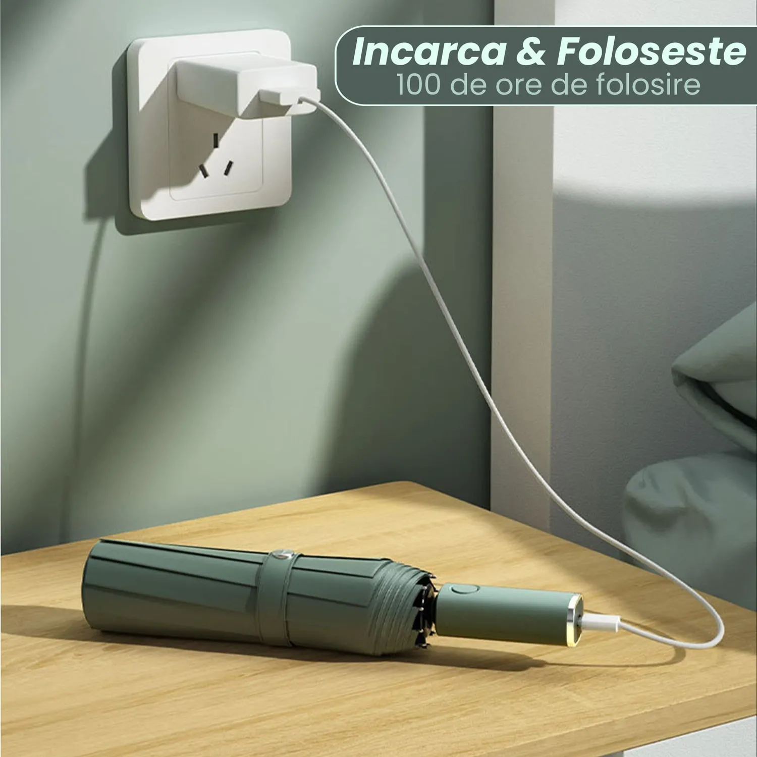 Timebox umbrela pliabila verde cu lanterna LED automata