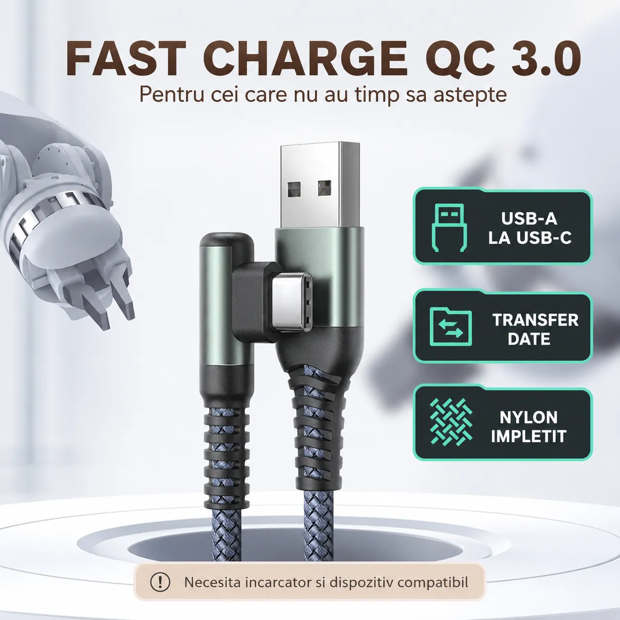 Timebox 1m 90 cablu USB-C negru QC3