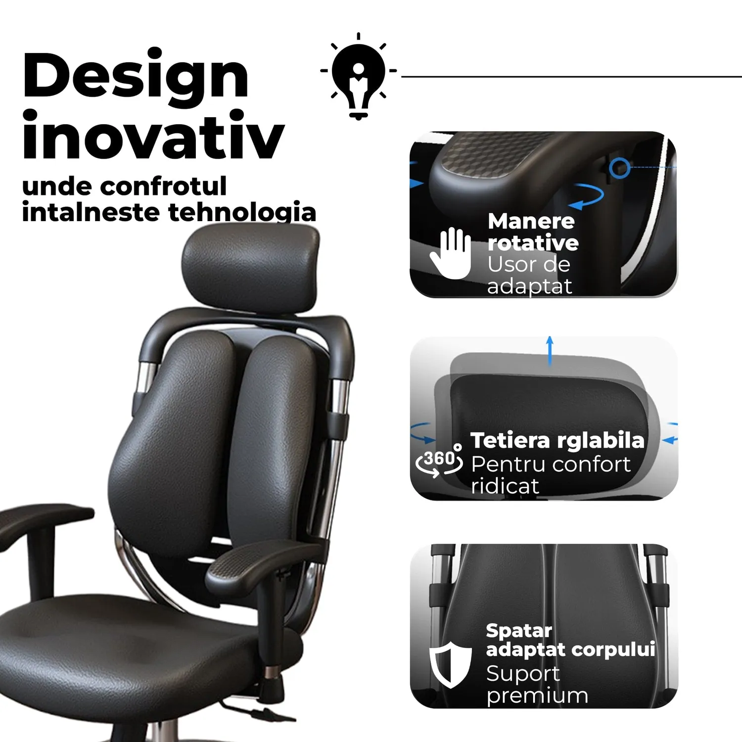 Timebox Scaun Ergonomic Birou Bi-Spine 3D Negru