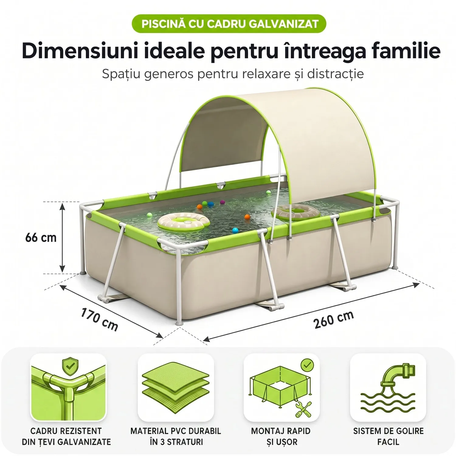 Timebox Piscina cu Umbrar PVC cu Suport Galvanizat