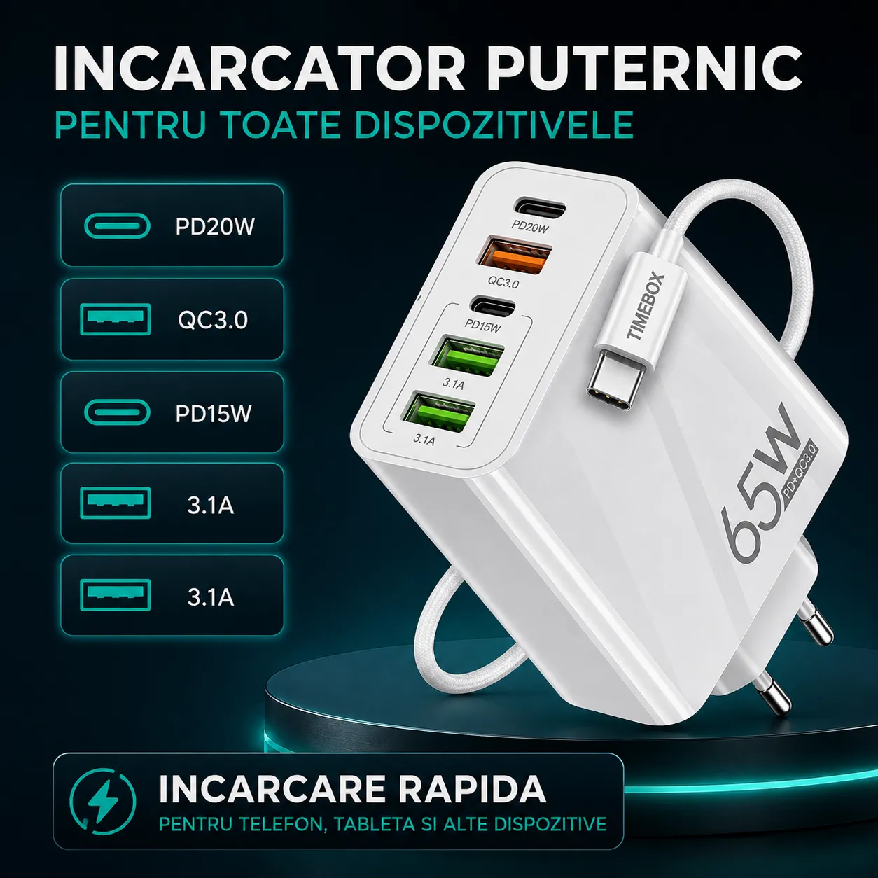 Timebox încărcător rețea 65W alb 5 porturi rapid