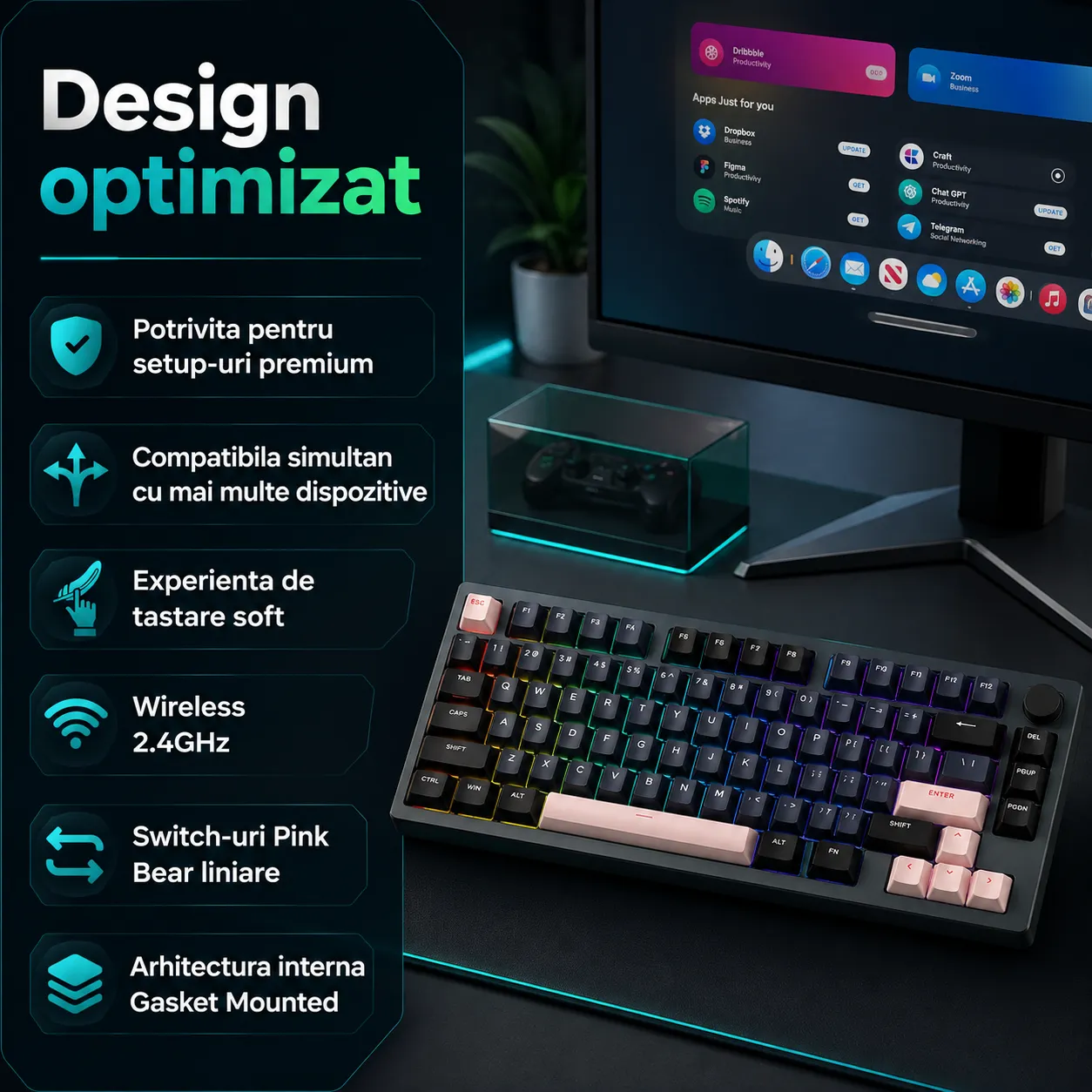 Timebox 75% tastatura mecanica wireless neagra Hot-Swap
