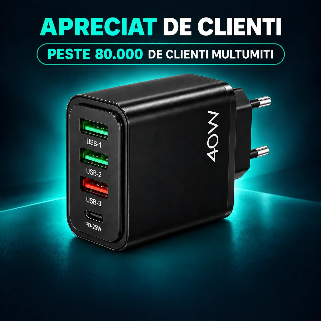Timebox Incarcator Retea 4 Porturi 40W Negru