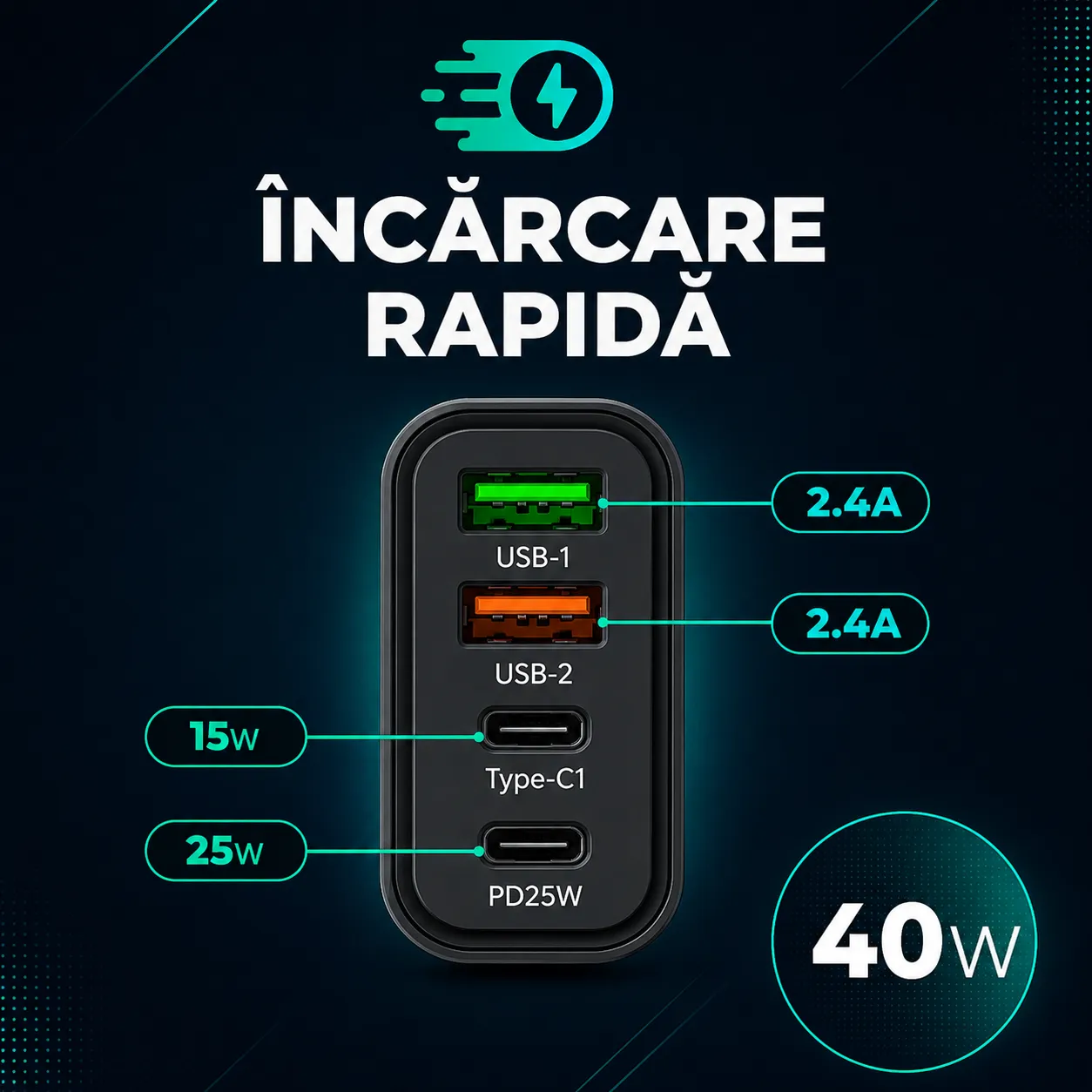 Timebox încărcător rețea 40W 4 porturi negru