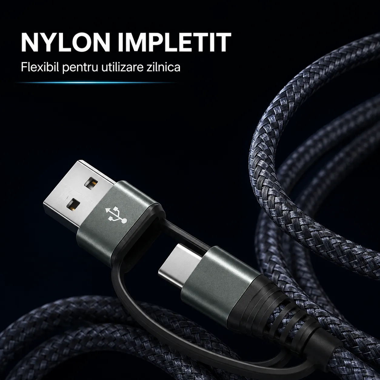 Timebox 2 in 1 cablu USB-C 65W negru 2m nylon