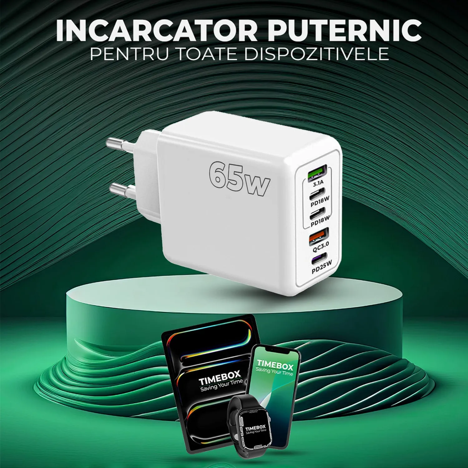 Timebox 120W incarcator retea 5 porturi 3x Type-C alb