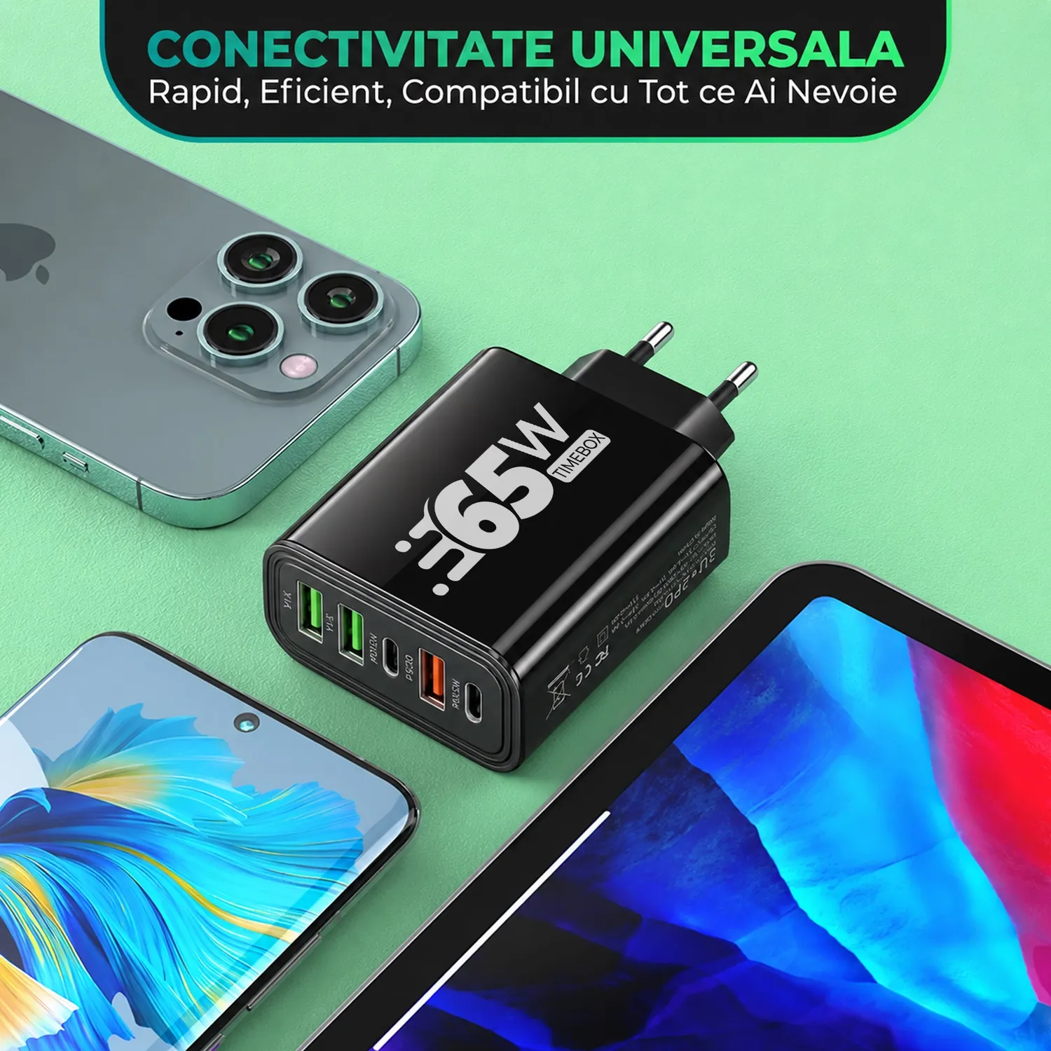 Timebox Incarcator priza 65W 5 porturi negru fast charge