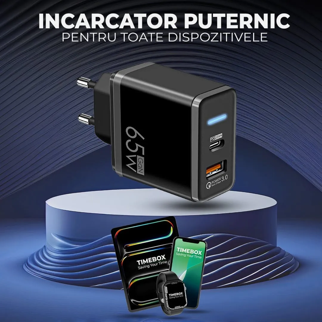 Timebox incarcator retea 65W 2 porturi Type-C negru
