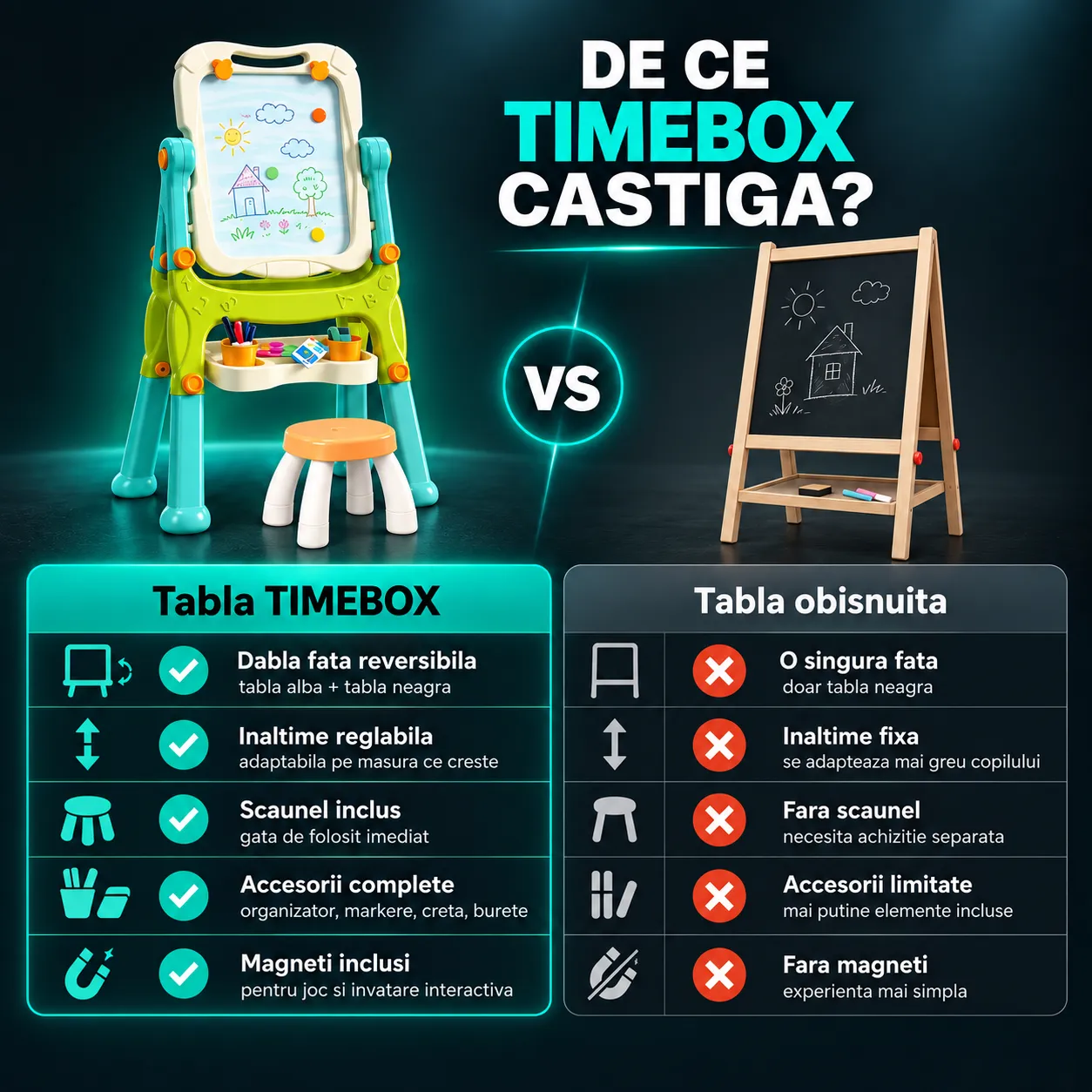 Timebox Tabla Magnetica Copii 3 in 1 Verde cu Scaunel