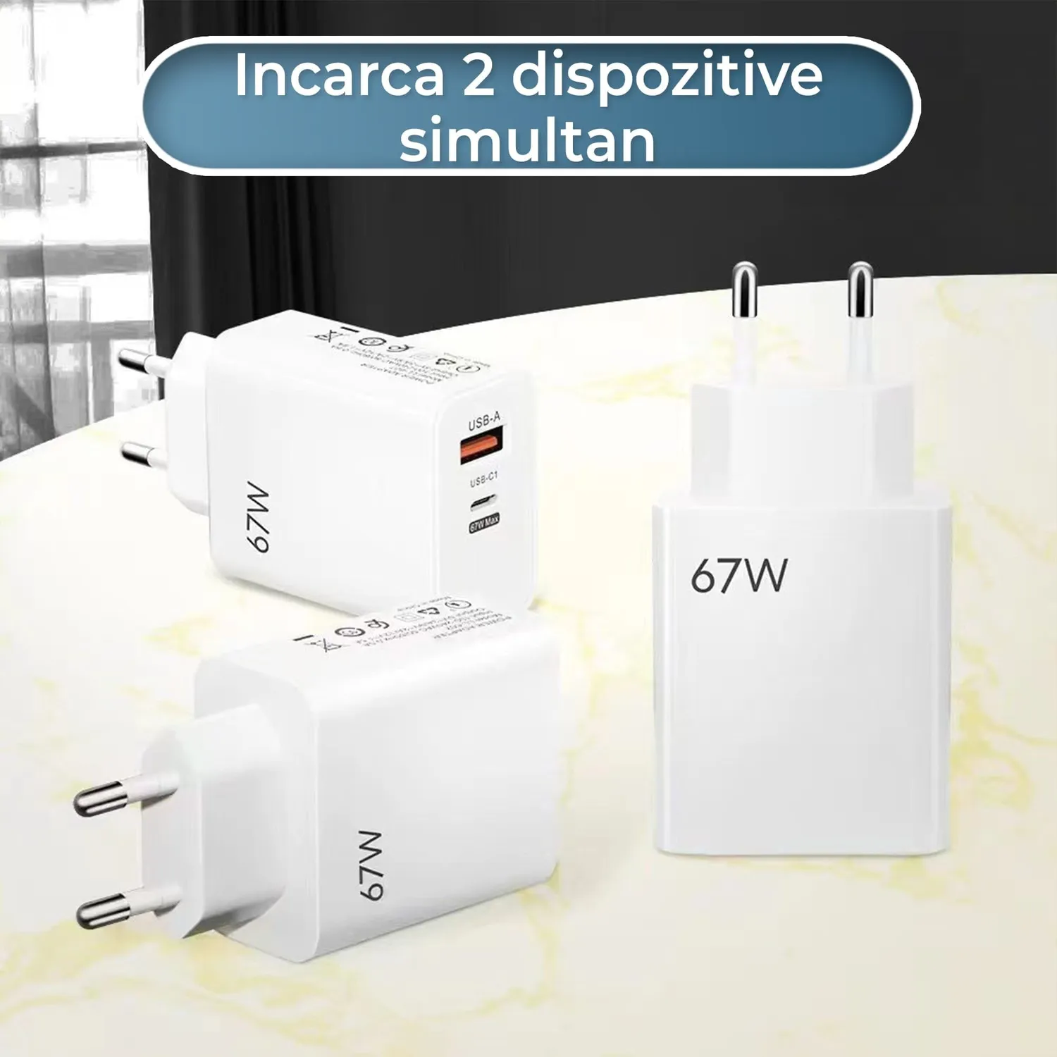 Timebox Încărcător rețea 67W 2 porturi alb fast charge
