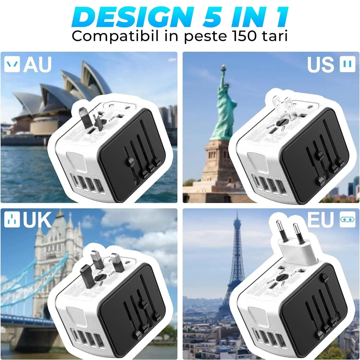 Timebox set calatorie adaptor universal + cablu 66W alb