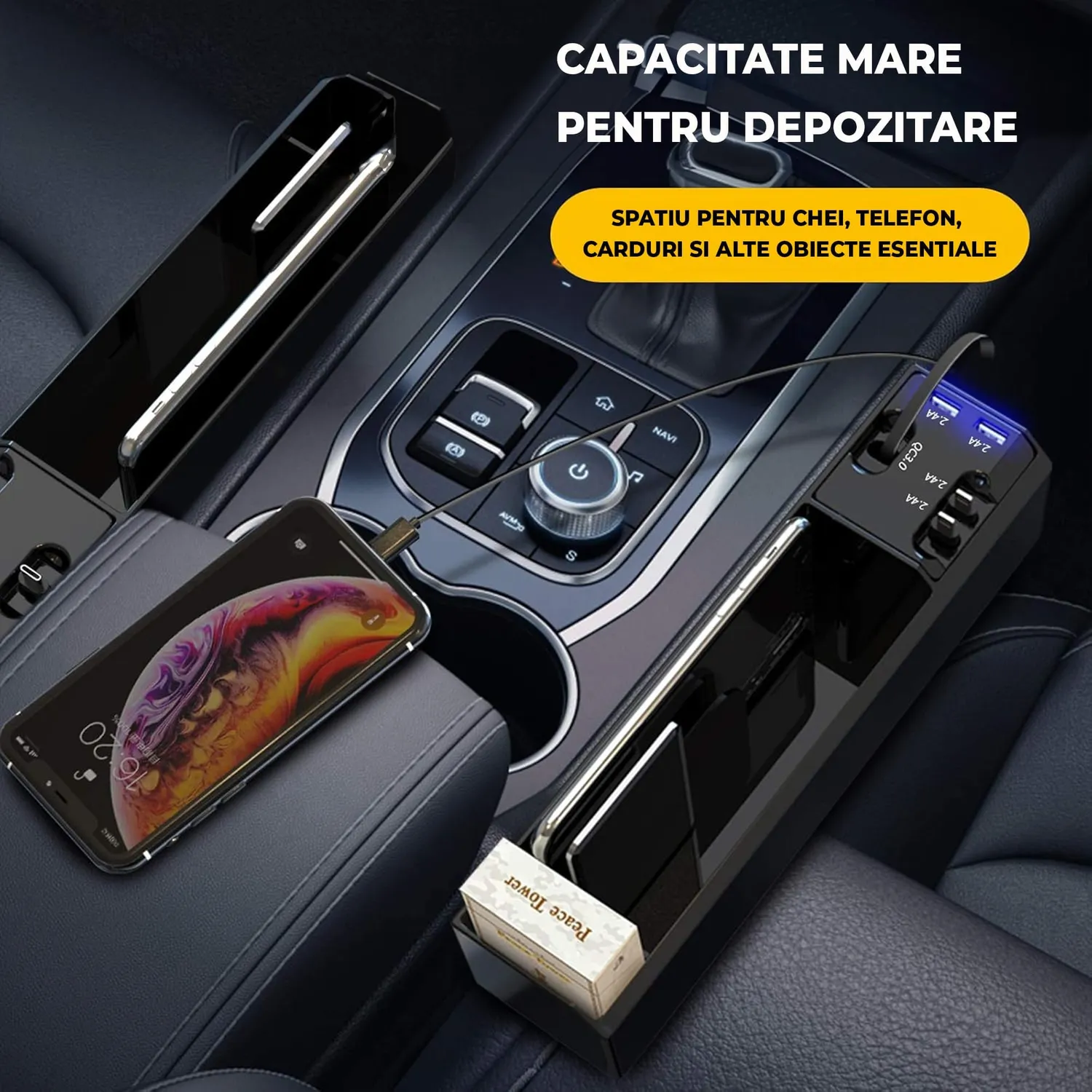 Timebox organizator auto USB-C Lightning Micro-USB negru