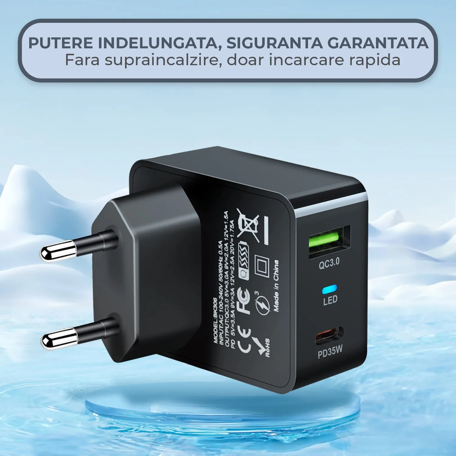 Incarcator retea Timebox 35W 2 porturi Type-C QC3.0 negru