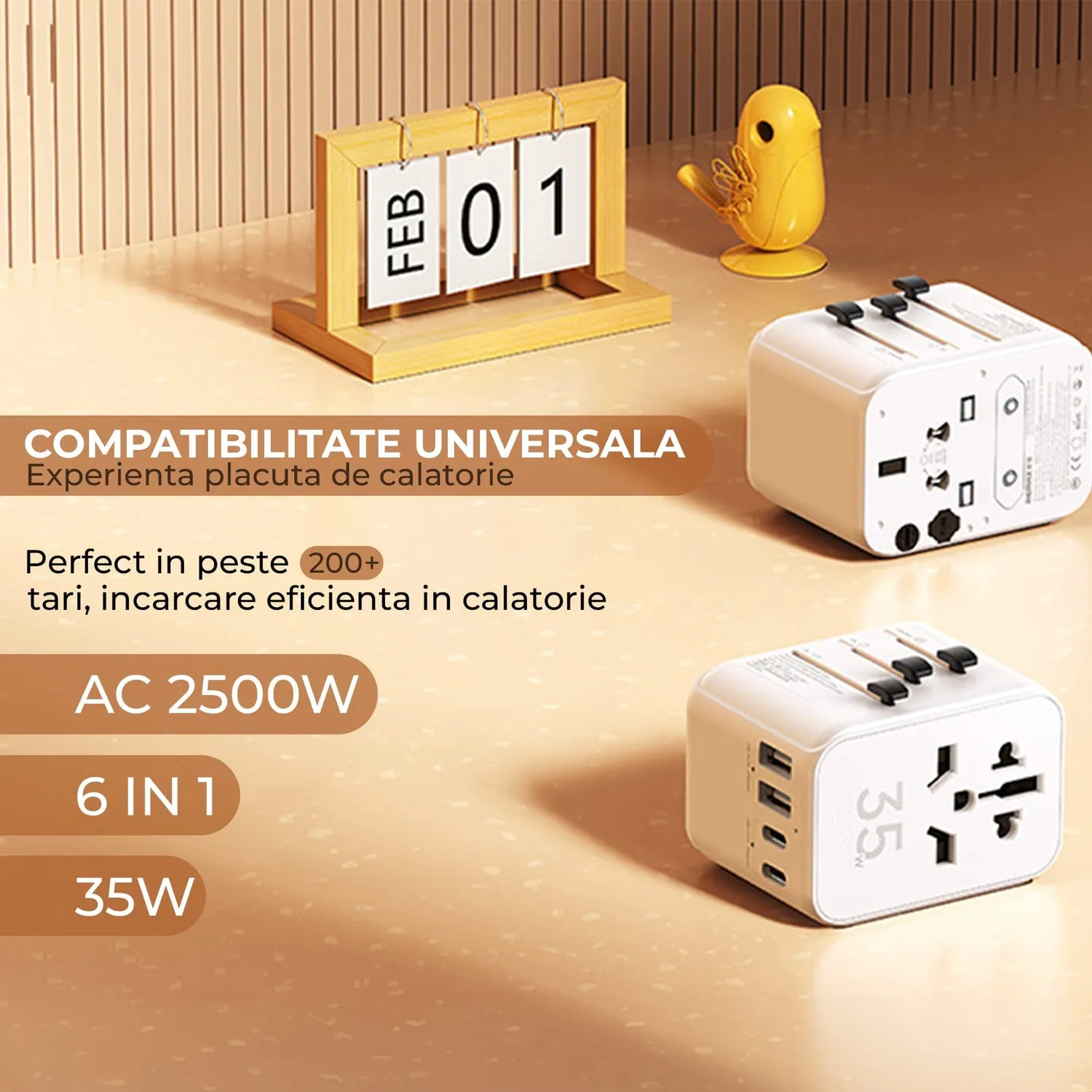 Adaptor universal Timebox 6 in 1 priza calatorie alb