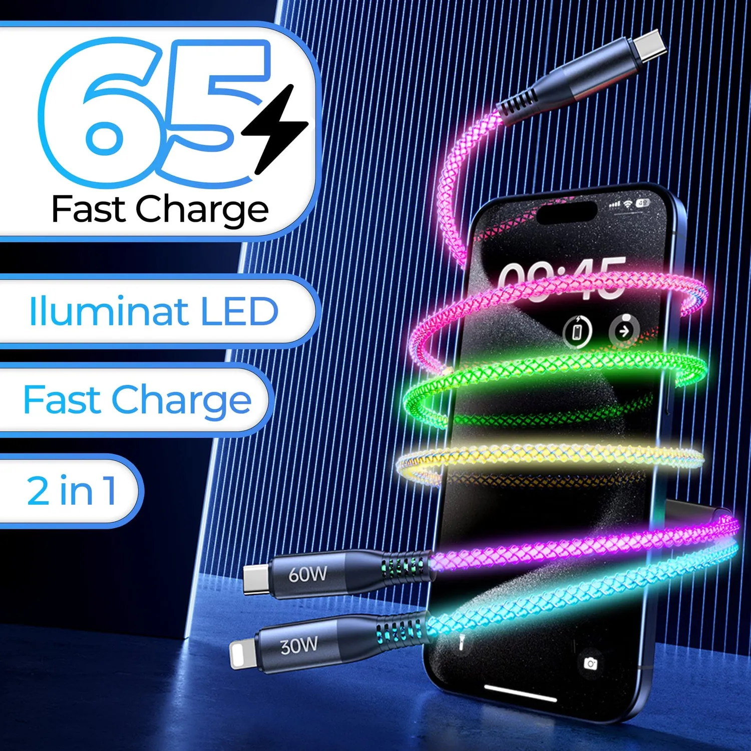Timebox 65W 1,2m cablu USB-C la USB-C LED