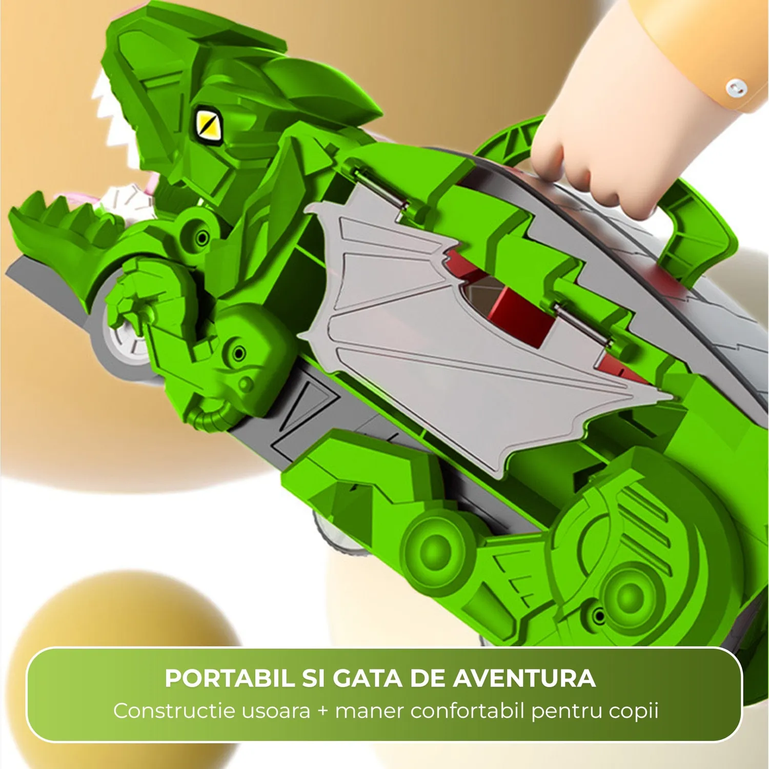 Timebox Dinozaur Transformabil 3 in 1 Verde cu 2 masinute