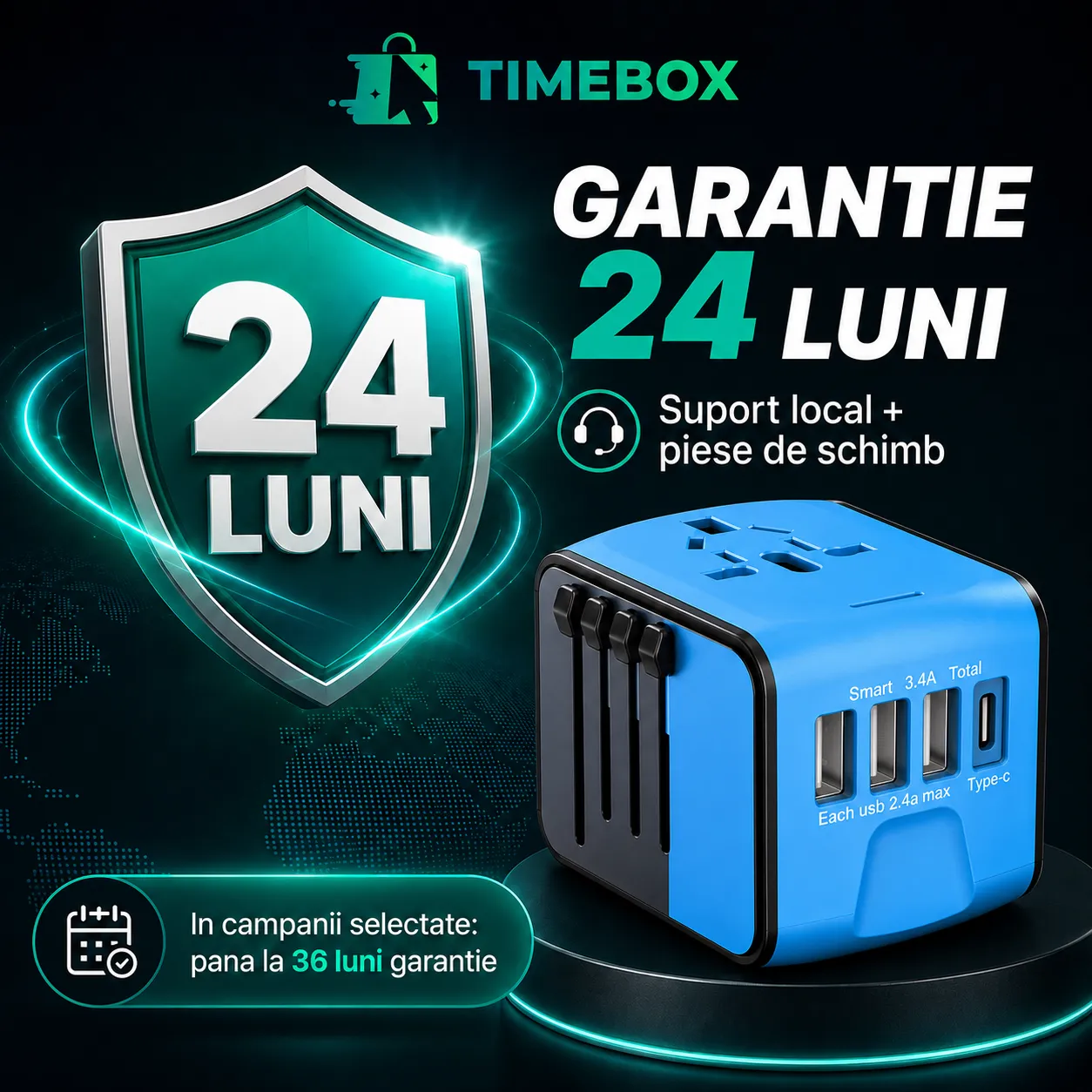 Timebox Adaptor priză călătorie 3 USB + Type-C albastru