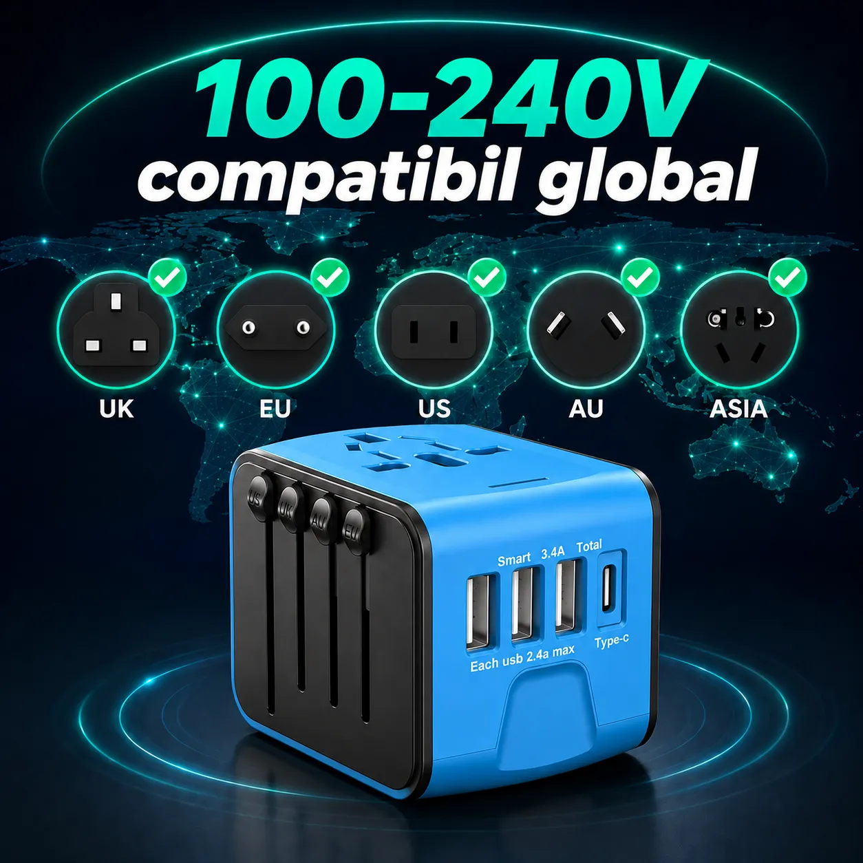 Timebox Adaptor priză călătorie 3 USB + Type-C albastru