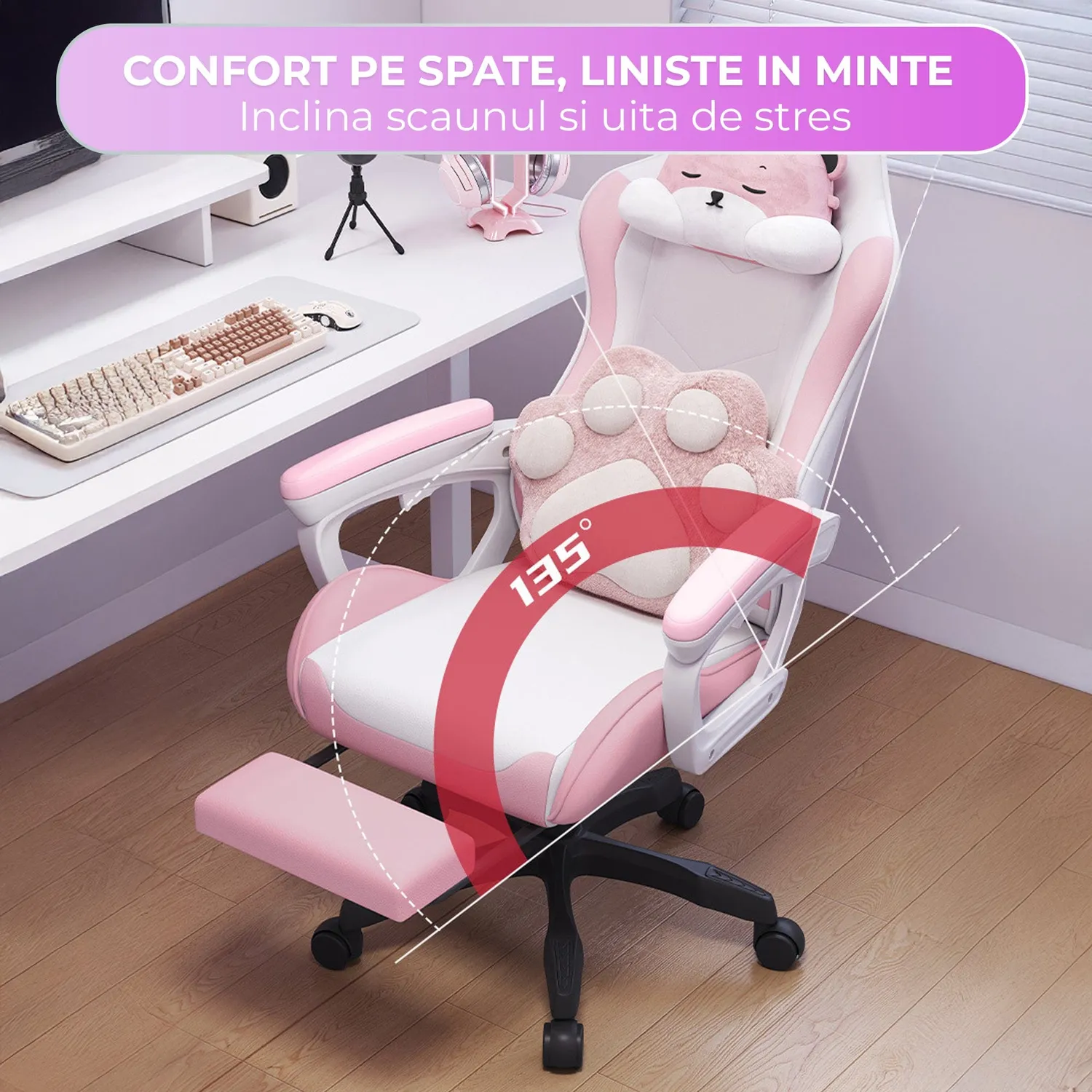 Timebox 135 scaun gaming roz piele PU cu footrest
