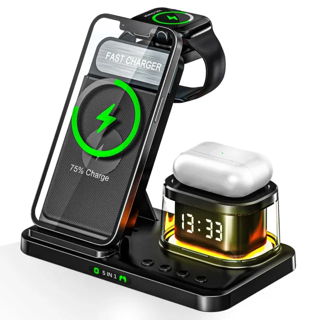 Timebox 5 in 1 15W incarcator wireless ceas negru