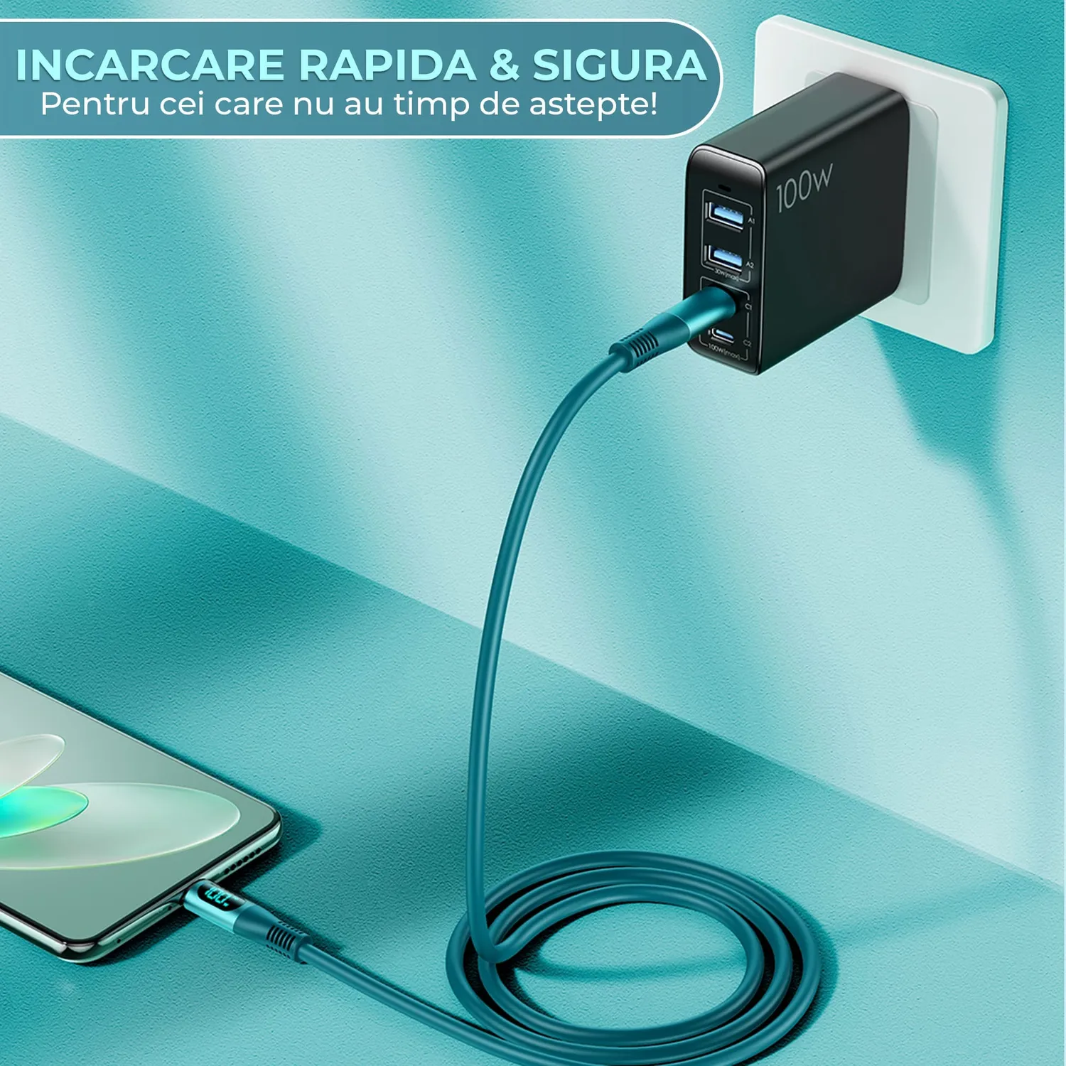 Timebox 100W cablu USB-C turcoaz 1,2m