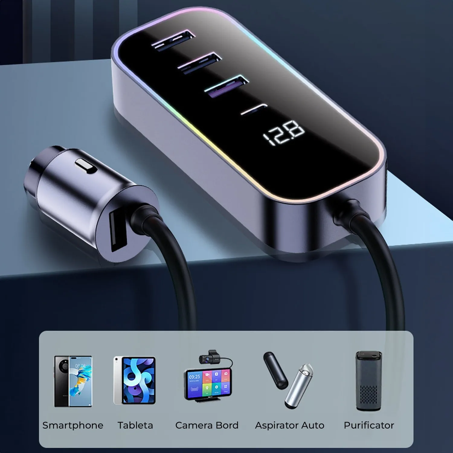 Incarcator auto Timebox 105W 5 in 1 USB Type-C RGB negru
