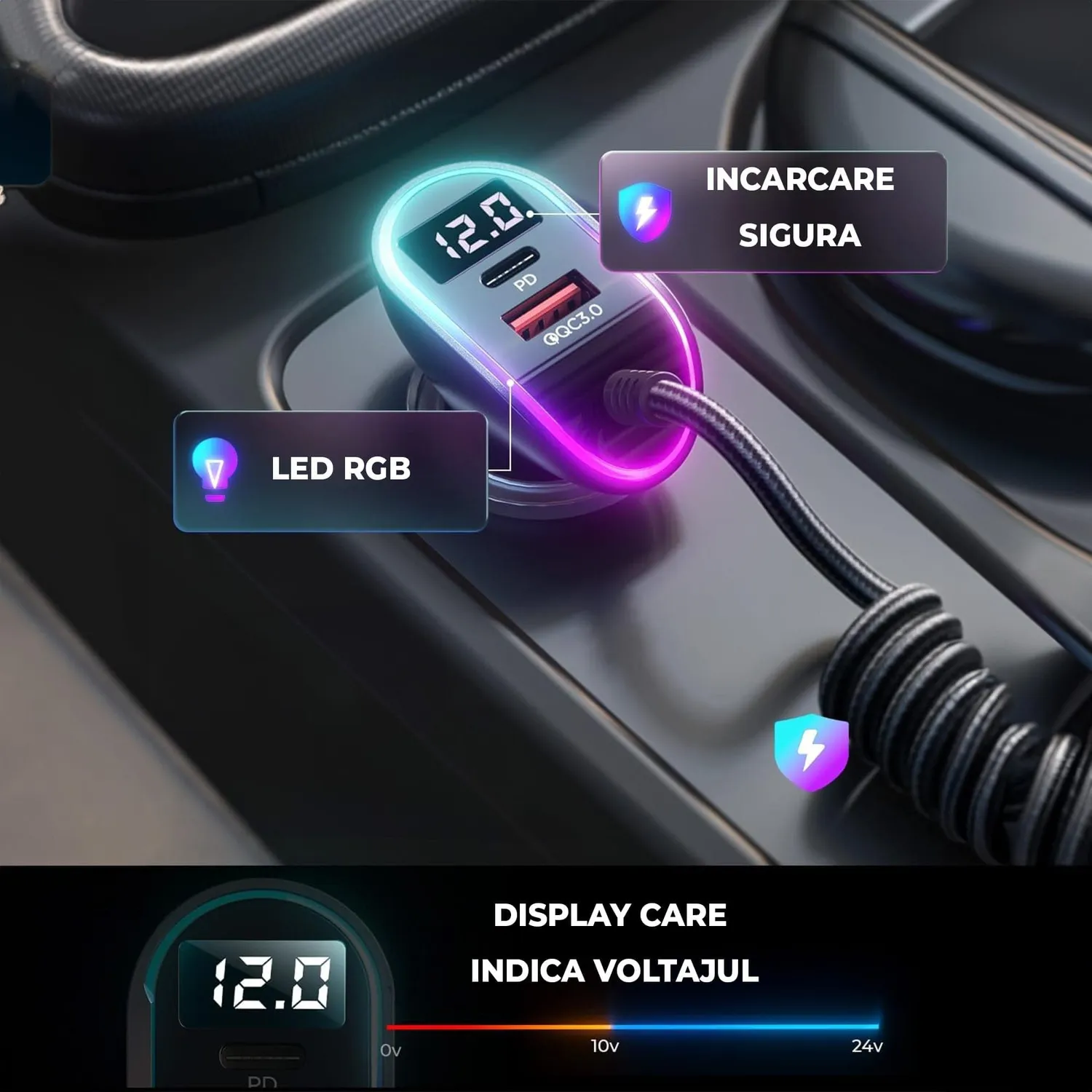 Timebox încărcător auto 96W 2 in 1 QC3.0 USB-C