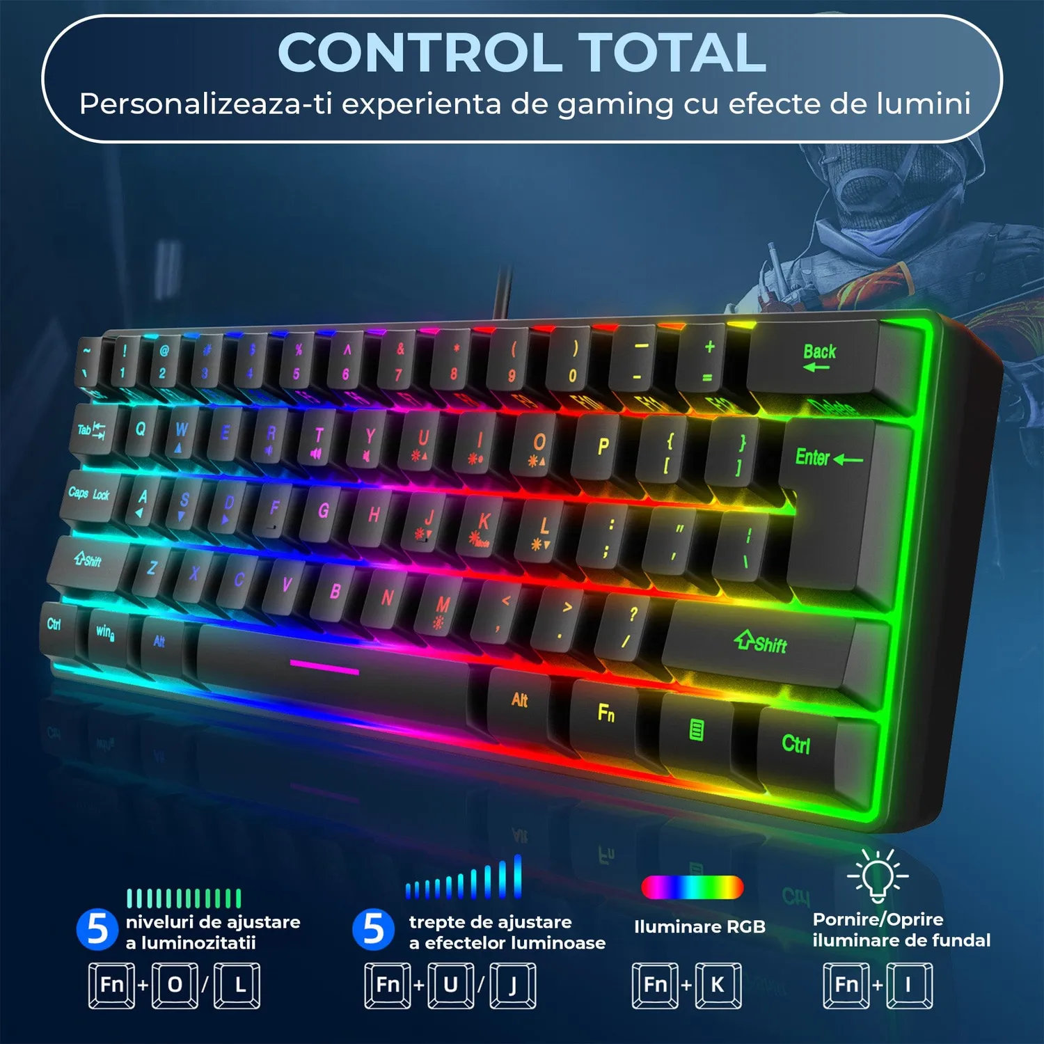 Timebox 61 taste tastatura gaming neagra RGB 60%