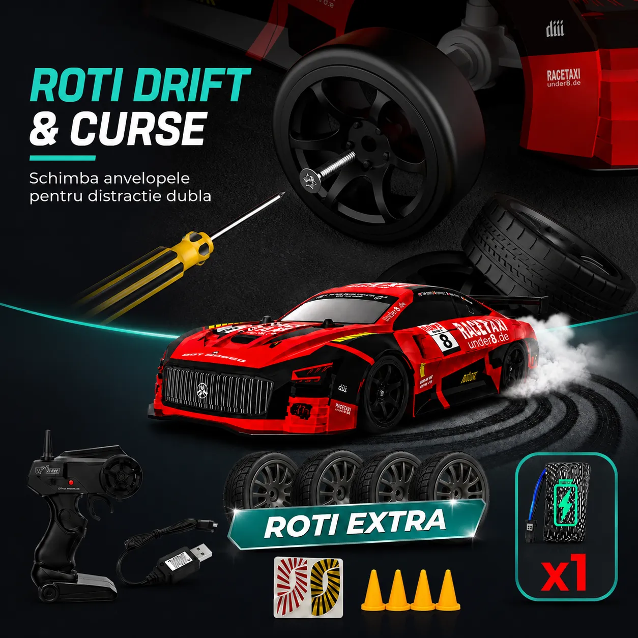 Timebox mașină telecomandă drift 1:20 roșie 30km/h
