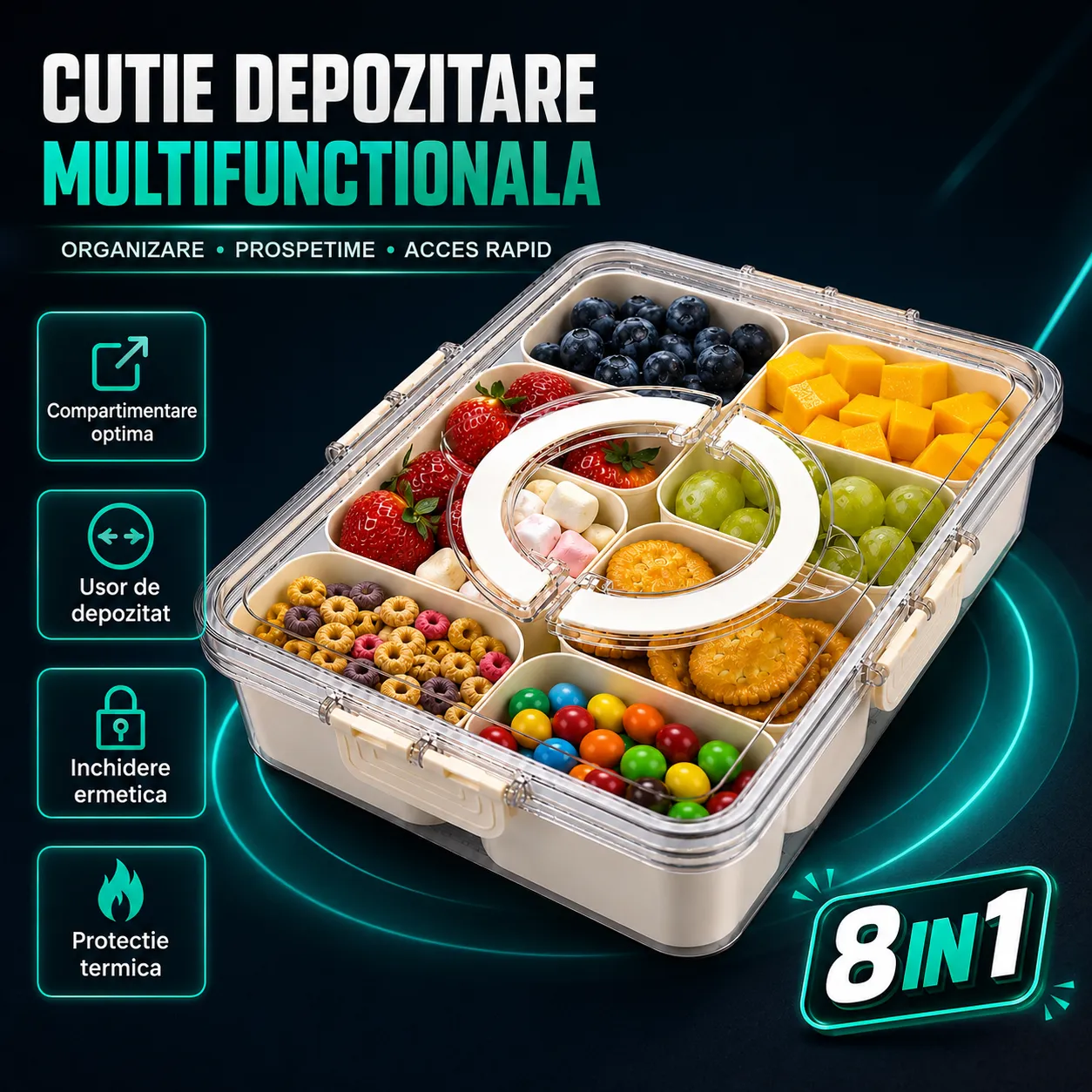 Timebox cutie pranz 8 compartimente bej 800-1000ml etansa