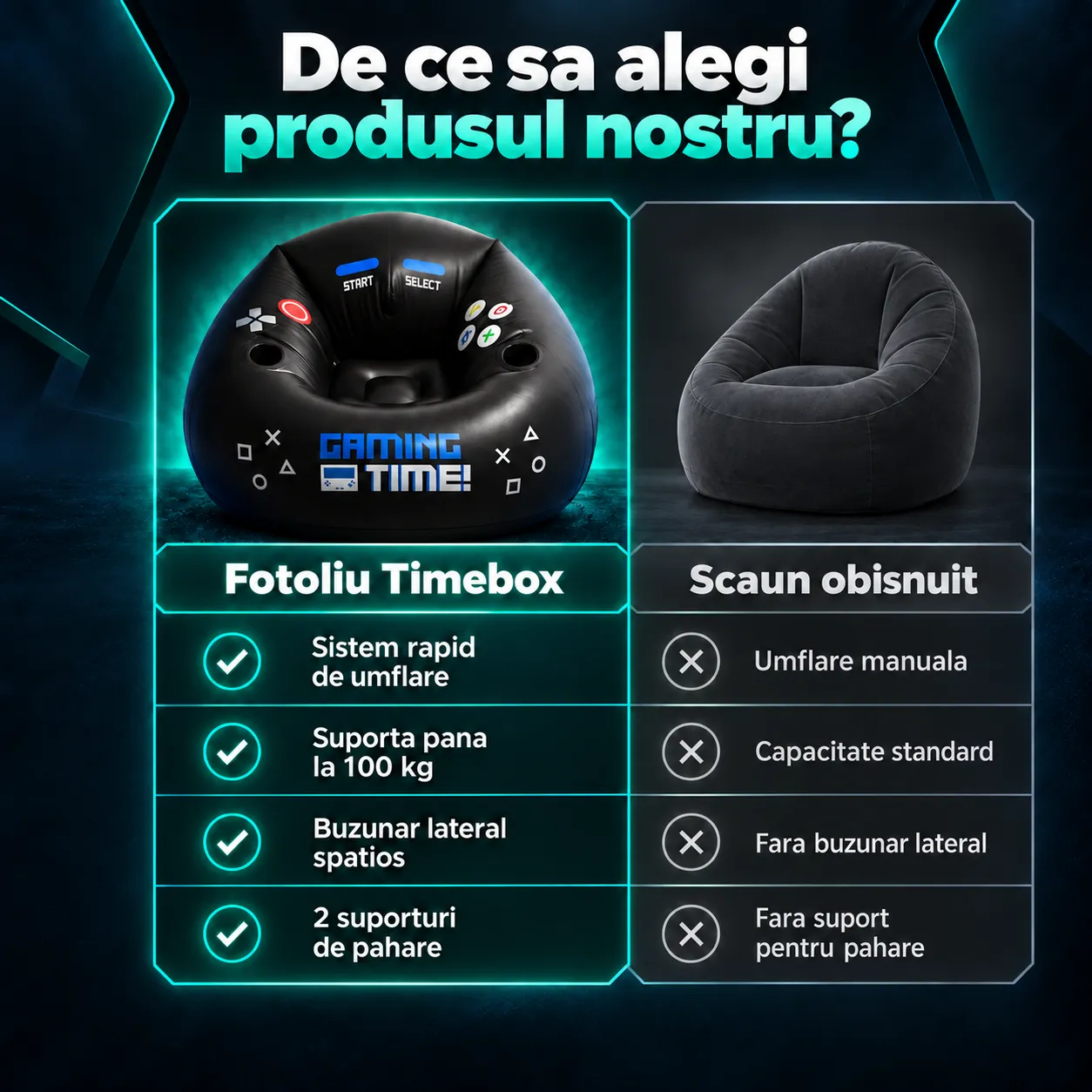 Fotoliu gonflabil gaming Timebox negru cu suport pahar