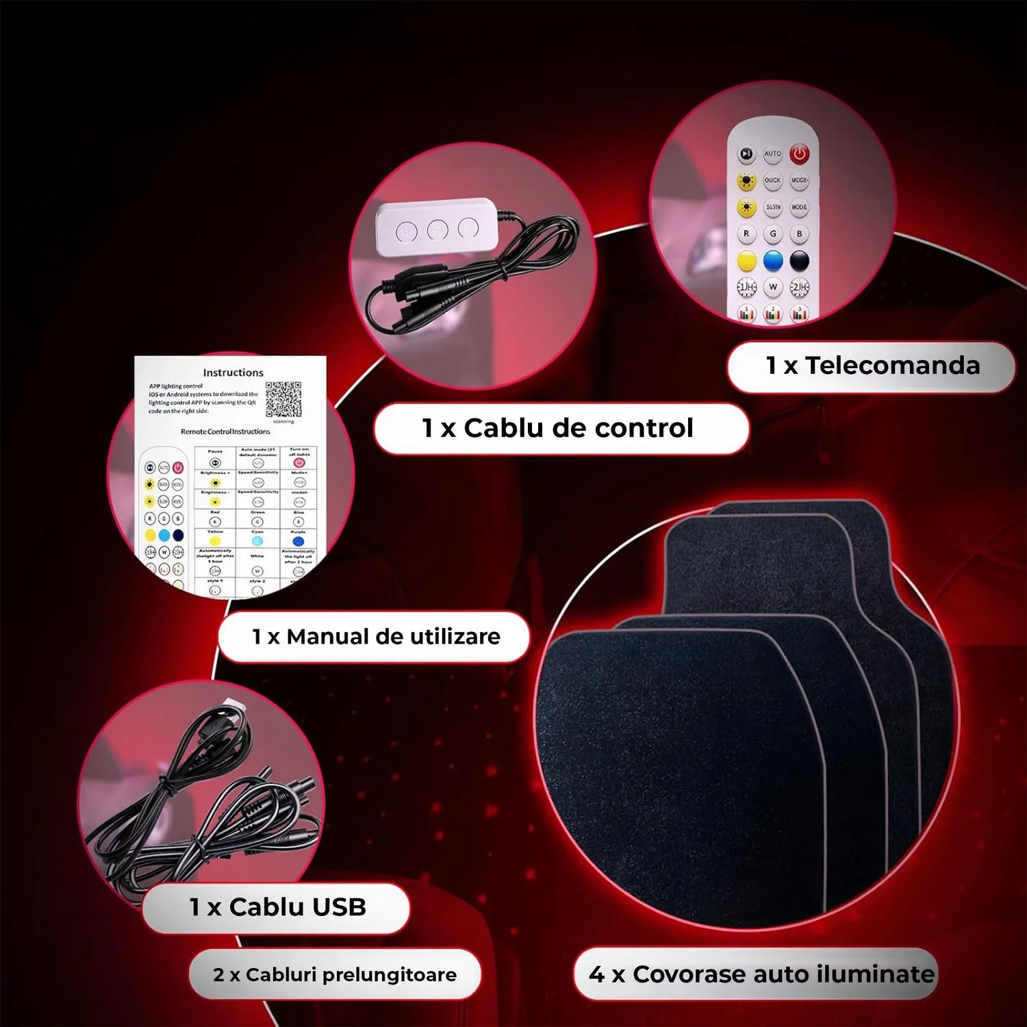 Timebox covorase auto LED RGB negre waterproof lavabile
