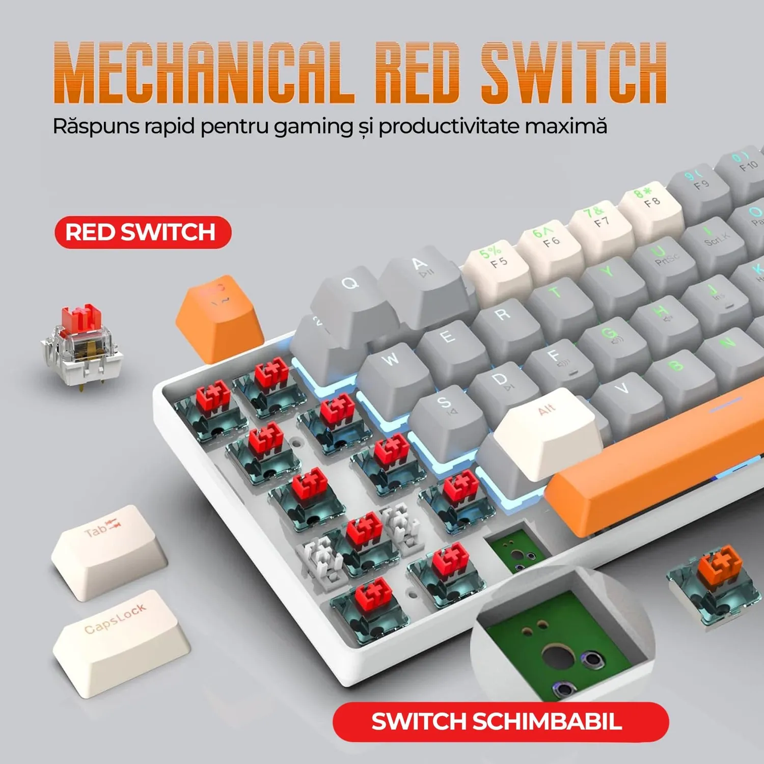 Tastatura gaming Timebox 60% Red Switch gri portocaliu