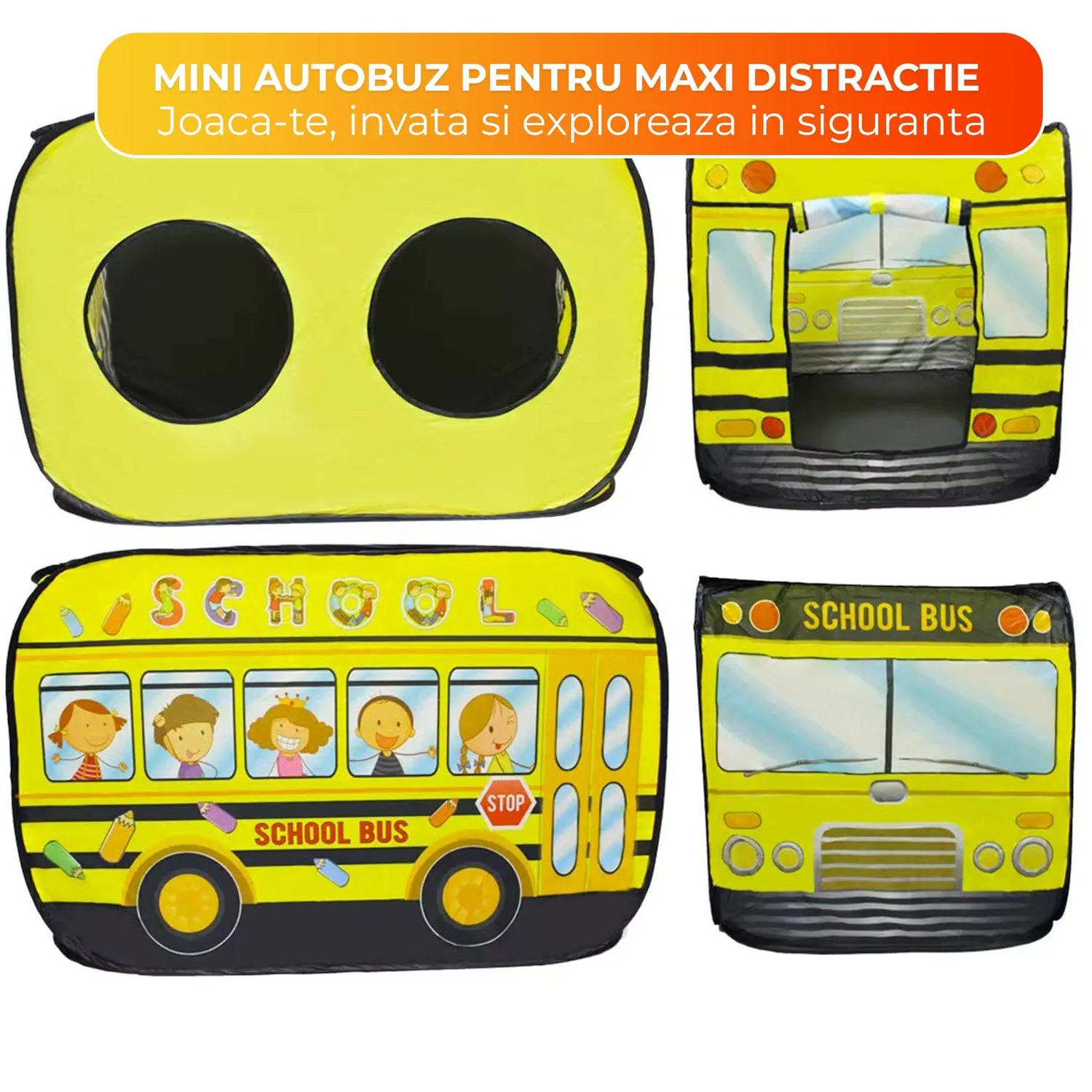 Timebox cort joaca copii autobuz galben pop-up 1-5 ani